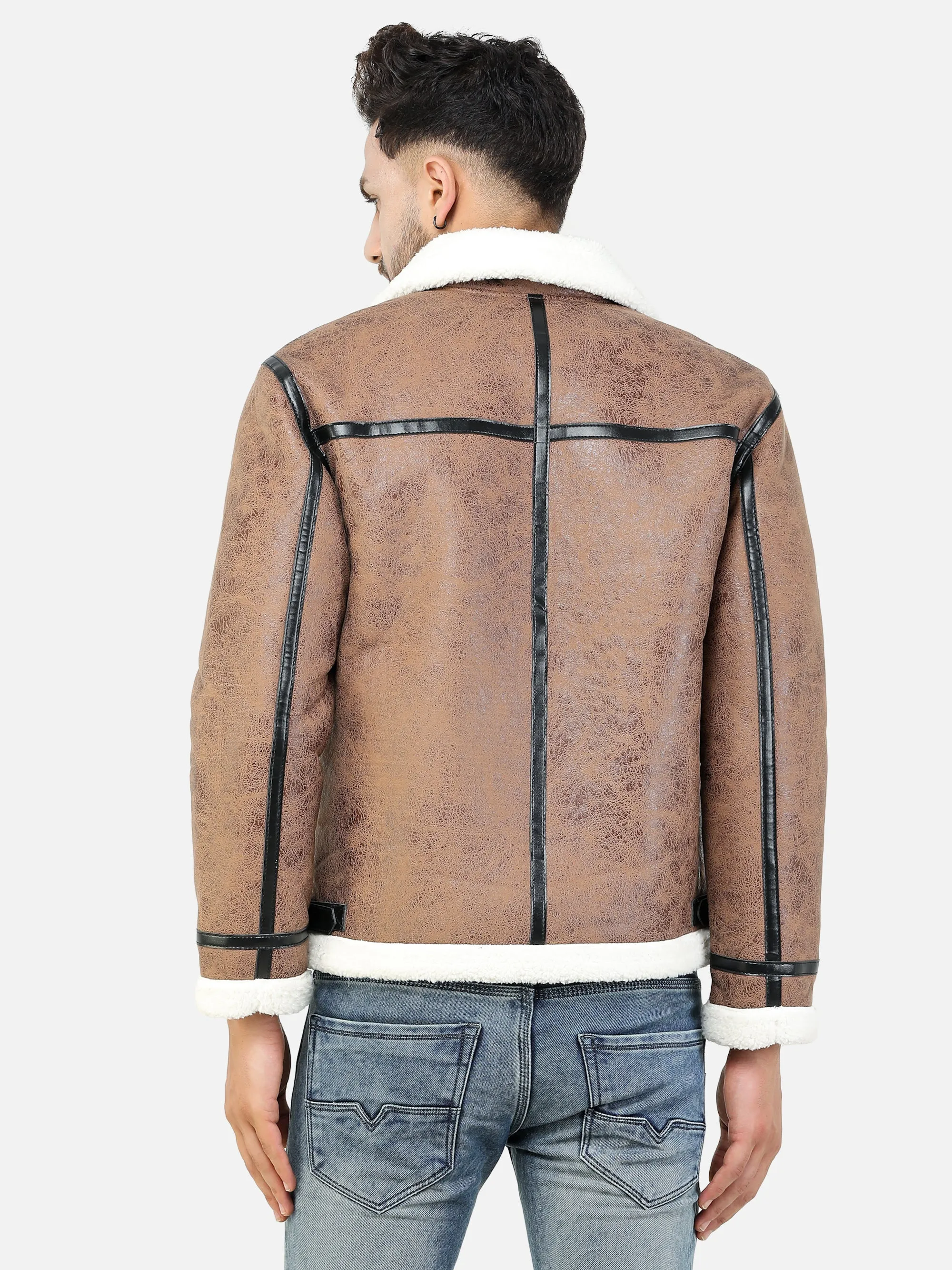 Men Regular Fit Full Fur Lining Faux Leather Brown Jacket