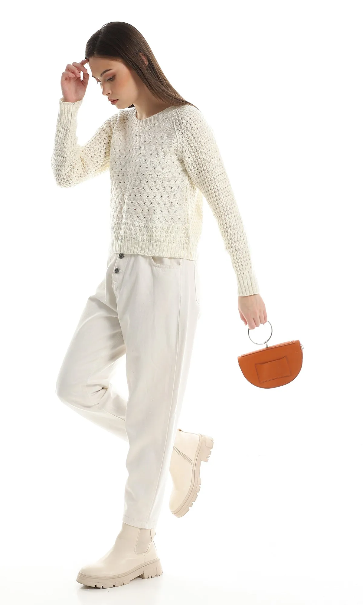 O158274 Braided Off White Slip On Acrylic Pullover