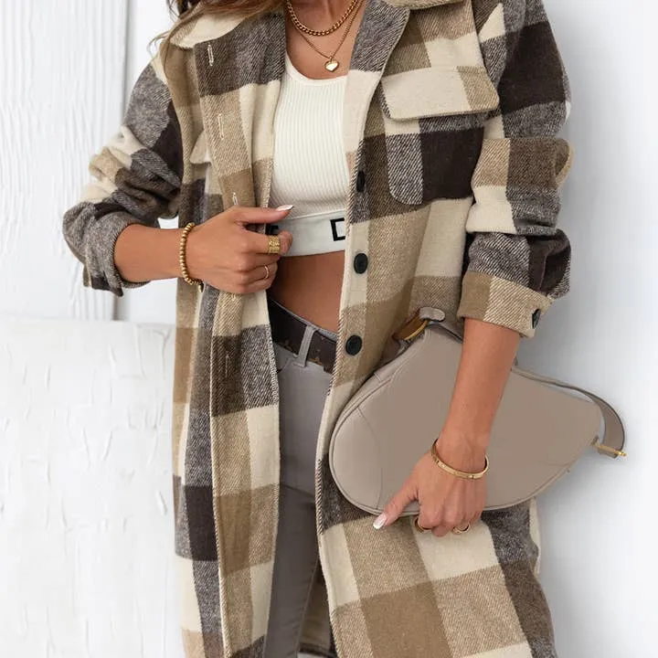 Plaid Button-Down Flap Pocket Long Shacket • Khaki
