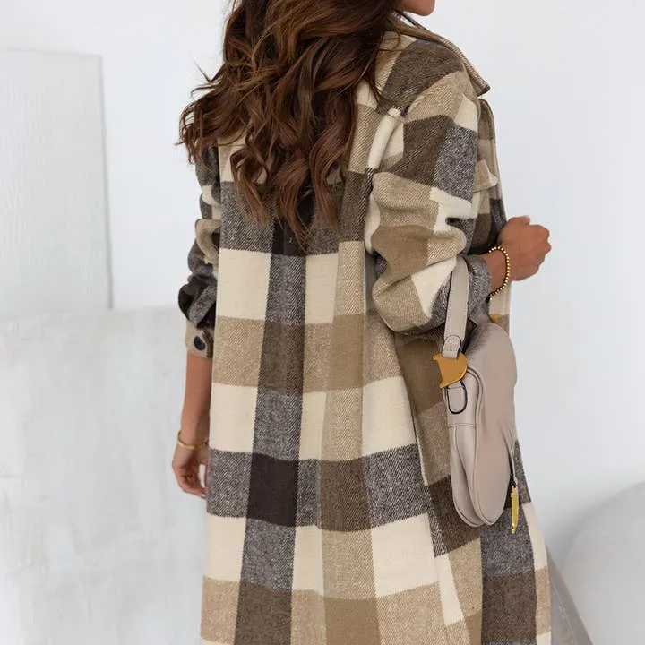 Plaid Button-Down Flap Pocket Long Shacket • Khaki