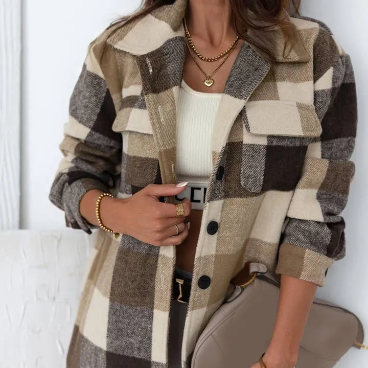 Plaid Button-Down Flap Pocket Long Shacket • Khaki