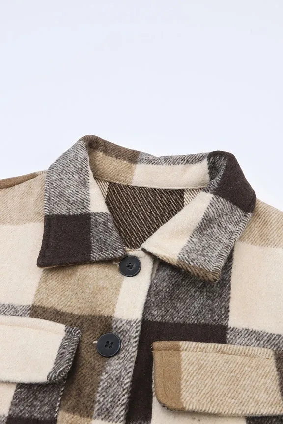 Plaid Button-Down Flap Pocket Long Shacket • Khaki