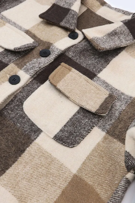 Plaid Button-Down Flap Pocket Long Shacket • Khaki