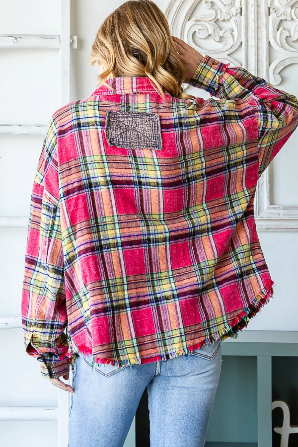 Red Mix Washed Star Plaid Shirt w/ Pockets