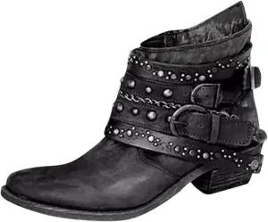 Snow Boots for Women Ankle Fall Booties for Women Women Cowboy Boots Round Toe Platform Bootie for Women Comfy Casual Closed Back Chunky Block Low Heel Vintage