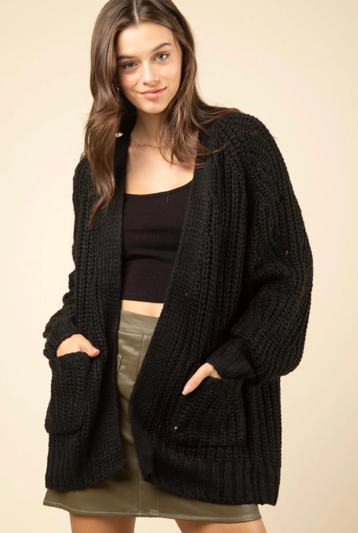Textured Sleeve Oversized Knit Sweater Cardigan