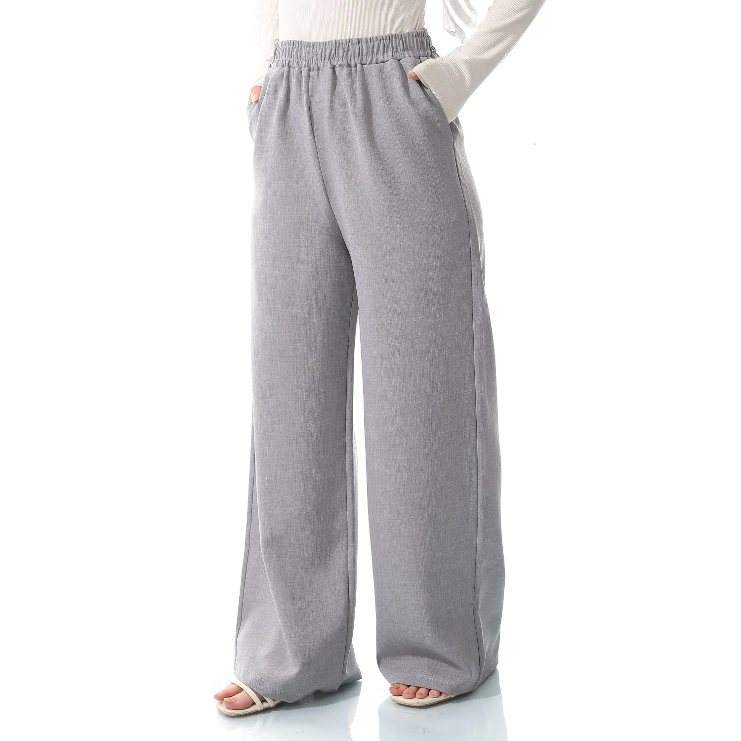 Wide Leg Elastic Waist Plain Iron Grey Pants