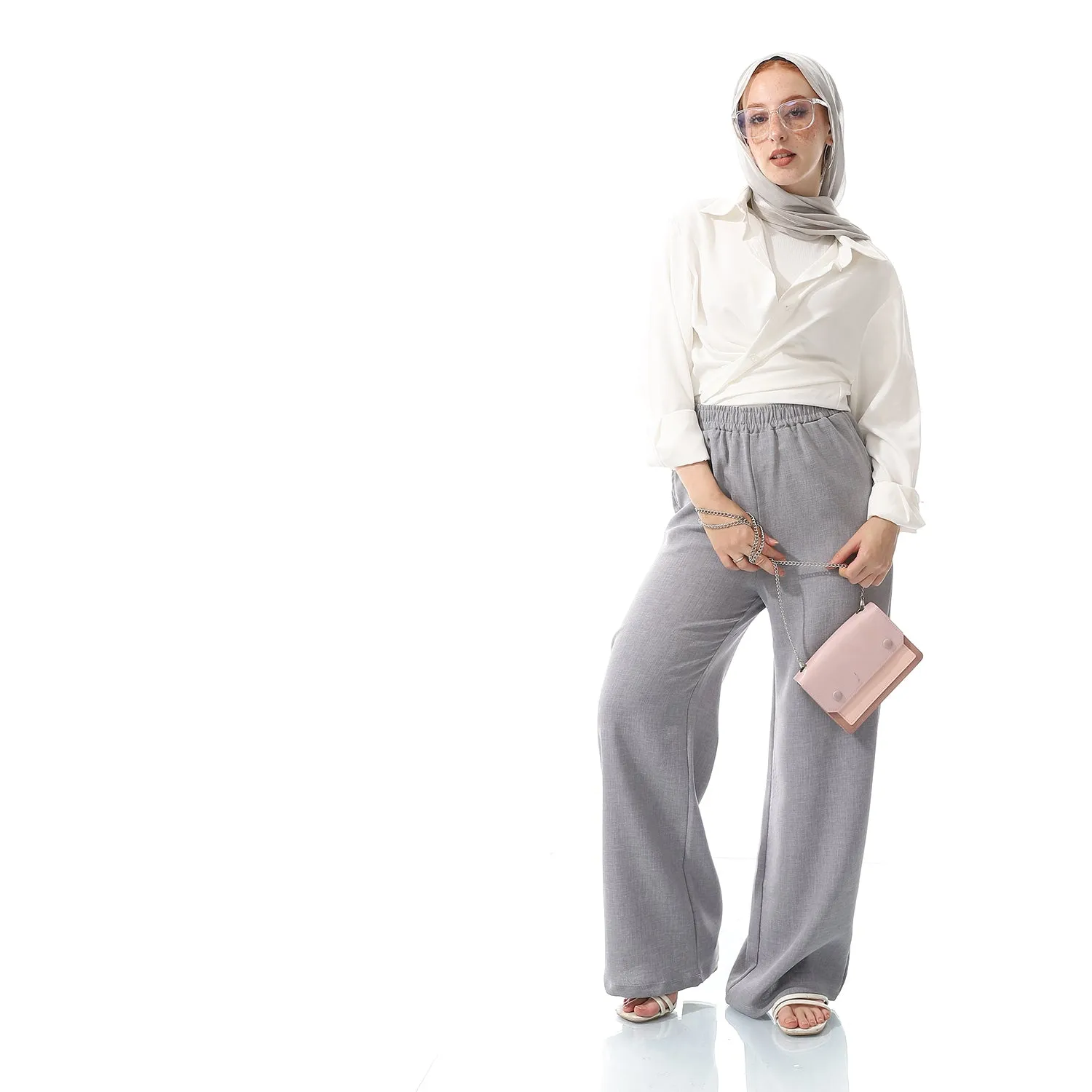 Wide Leg Elastic Waist Plain Iron Grey Pants