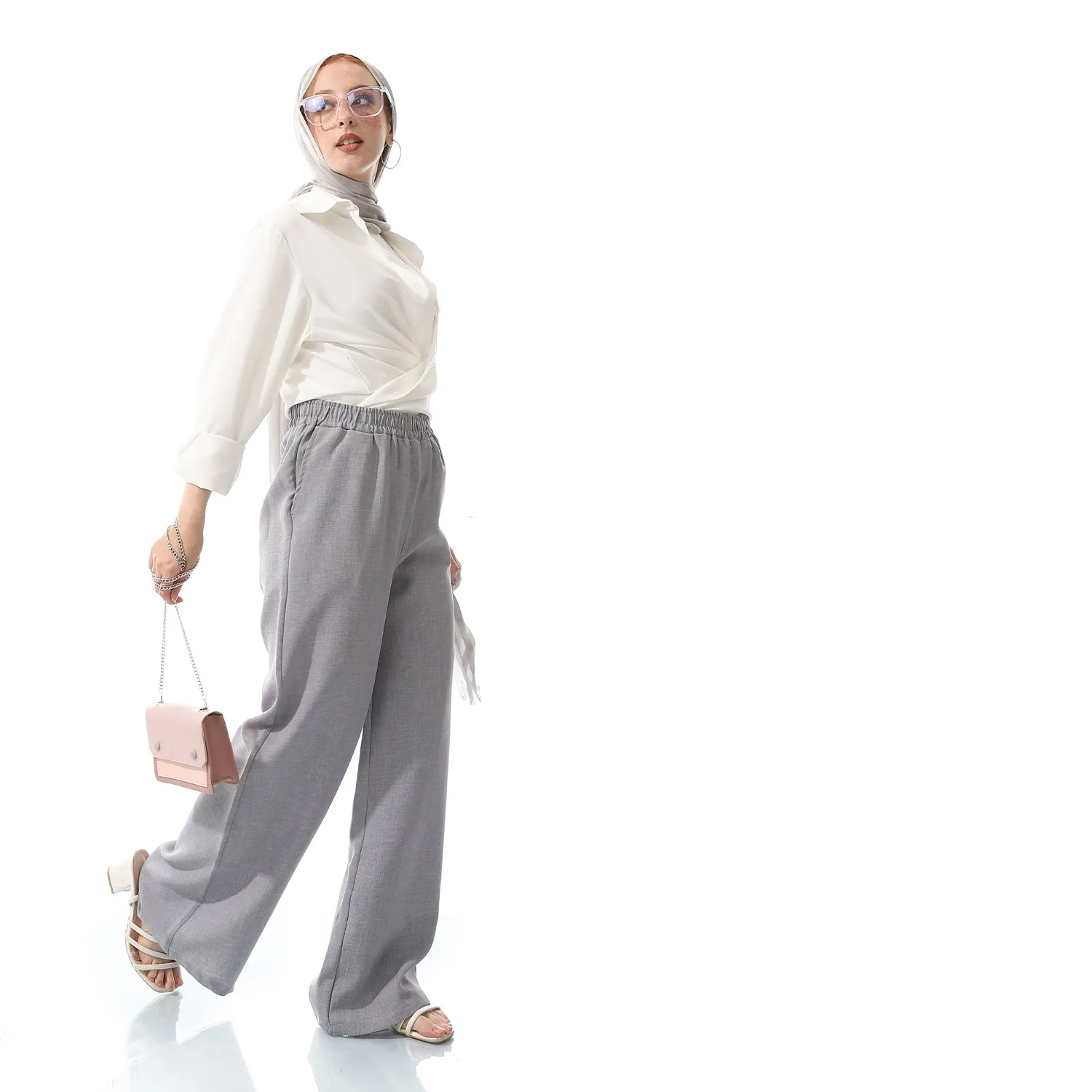 Wide Leg Elastic Waist Plain Iron Grey Pants