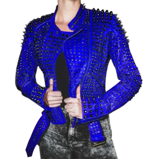 Women blue studded leather jacket,Stylish Jacket
