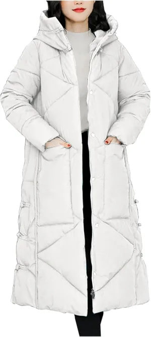 Women's Long Puffer Jacket Casual Solid Maxi Length Hooded Long Sleeve Warm Cotton Padded Coat Quilted Outwear