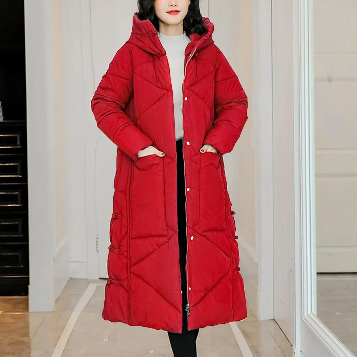 Women's Long Puffer Jacket Casual Solid Maxi Length Hooded Long Sleeve Warm Cotton Padded Coat Quilted Outwear