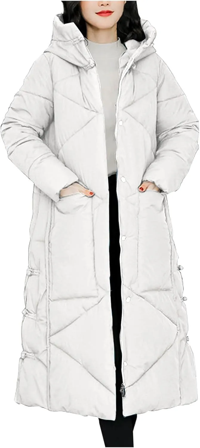 Women's Long Puffer Jacket Casual Solid Maxi Length Hooded Long Sleeve Warm Cotton Padded Coat Quilted Outwear