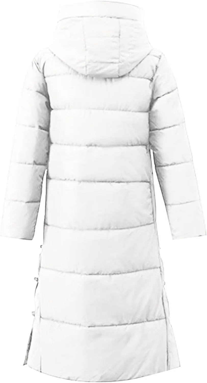 Women's Long Puffer Jacket Casual Solid Maxi Length Hooded Long Sleeve Warm Cotton Padded Coat Quilted Outwear