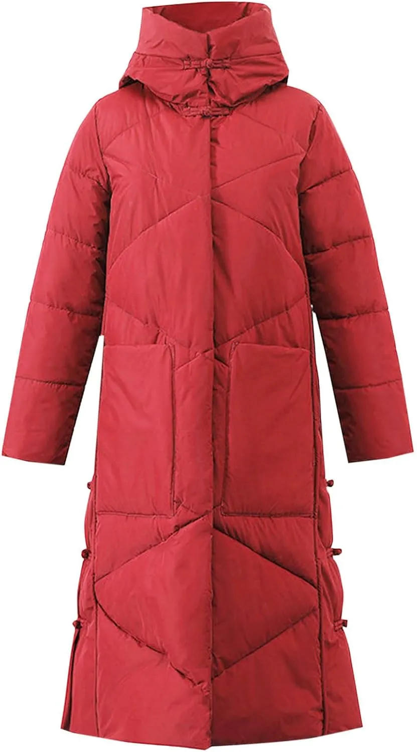 Women's Long Puffer Jacket Casual Solid Maxi Length Hooded Long Sleeve Warm Cotton Padded Coat Quilted Outwear