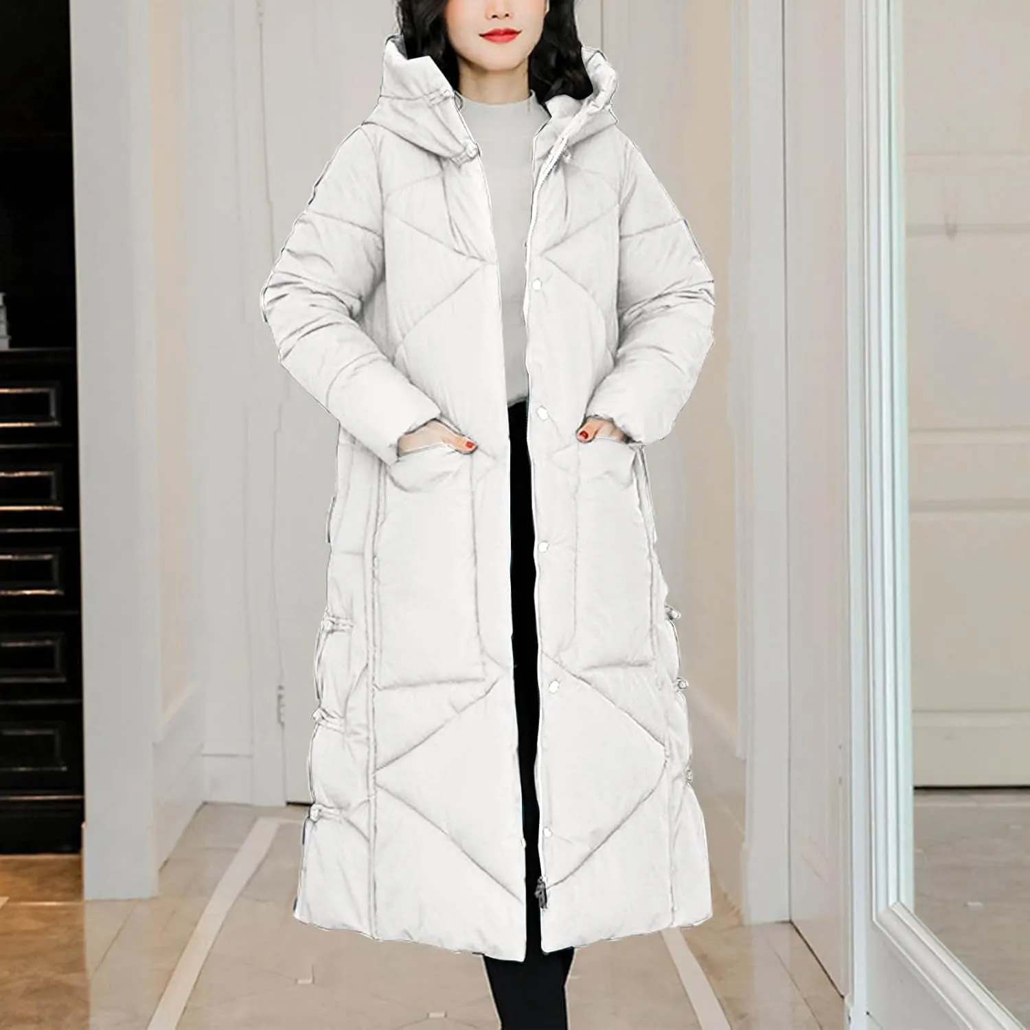 Women's Long Puffer Jacket Casual Solid Maxi Length Hooded Long Sleeve Warm Cotton Padded Coat Quilted Outwear