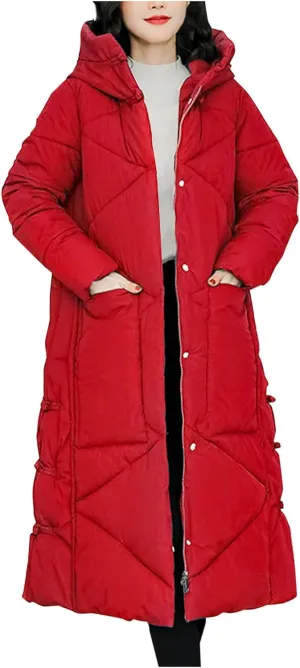 Women's Long Puffer Jacket Casual Solid Maxi Length Hooded Long Sleeve Warm Cotton Padded Coat Quilted Outwear