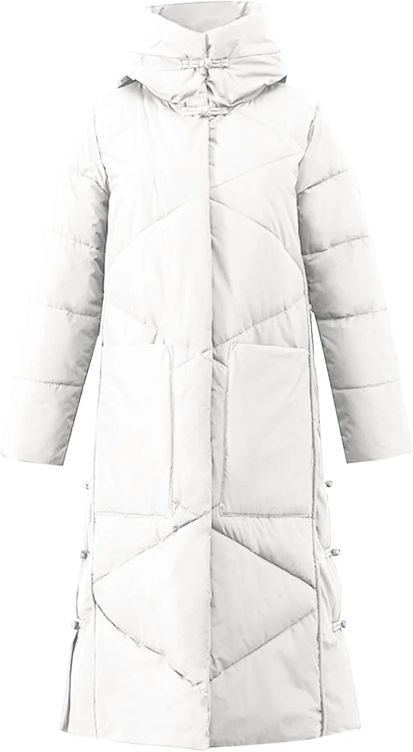 Women's Long Puffer Jacket Casual Solid Maxi Length Hooded Long Sleeve Warm Cotton Padded Coat Quilted Outwear