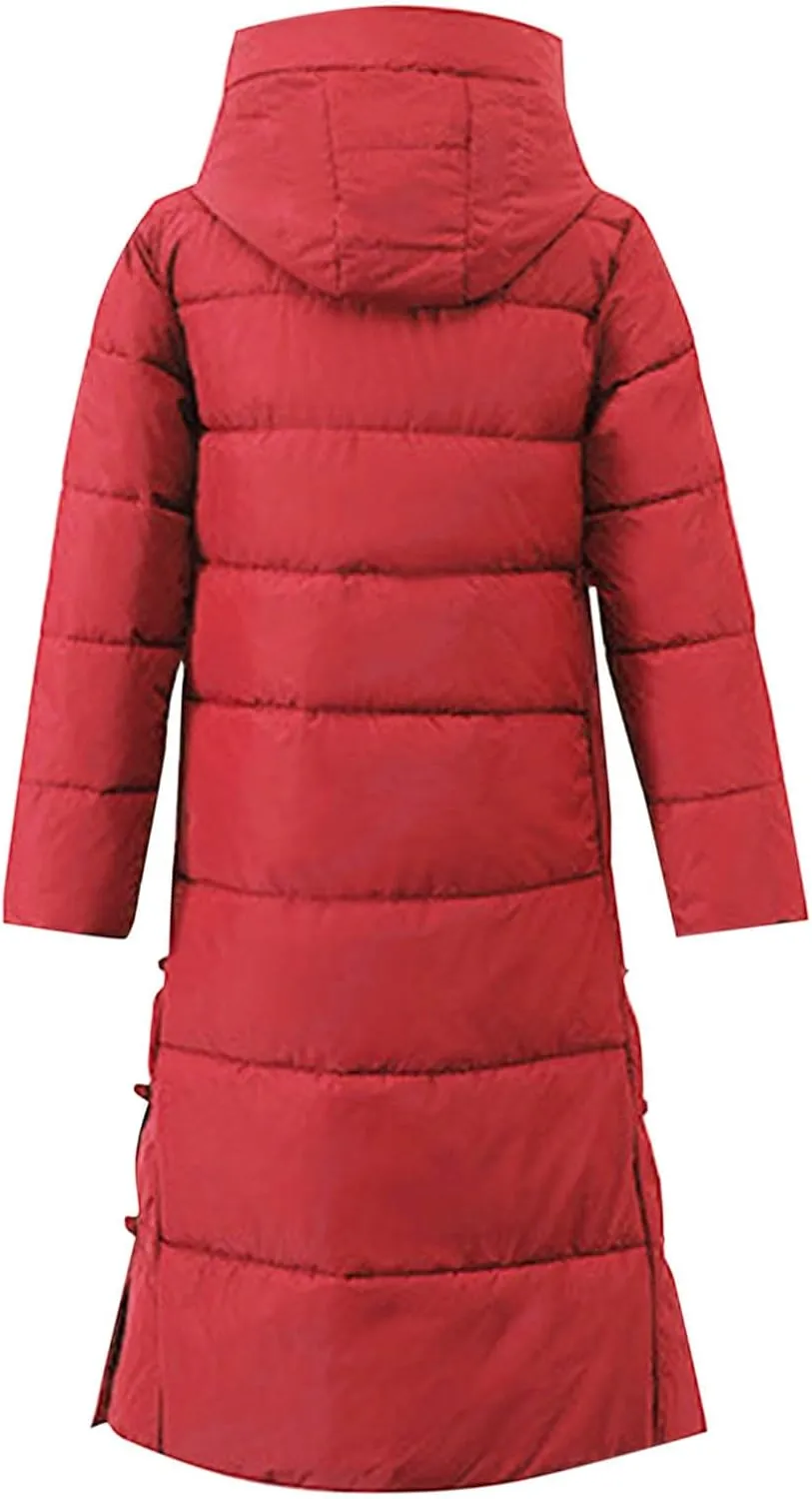 Women's Long Puffer Jacket Casual Solid Maxi Length Hooded Long Sleeve Warm Cotton Padded Coat Quilted Outwear