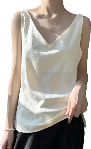 Women's Satin Jacquard Tank Top & Camisole - Summer Lightweight V-Neck Sleeveless Blouse Breathable Loose Fit Smooth Lounge